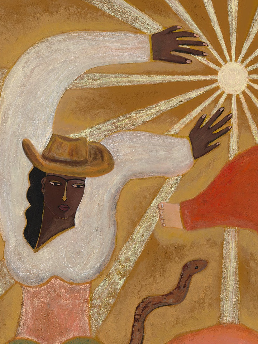 A stylized painting depicting two abstract human figures in motion against a warm gold background with radiating lines. One figure wears white, a brown hat, and green pants, while the other wears red and pink with a small black accent.